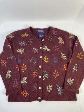 Newton Trading Co. VTG 100% Shetland Wool Embroidered Floral Cardigan Sweater M